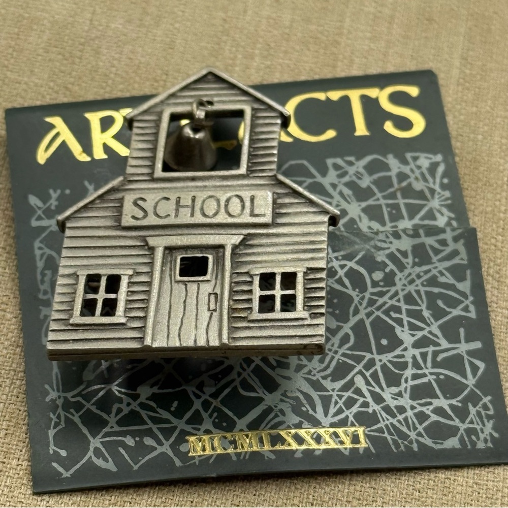Silver tone Schoolhouse Bell brooch